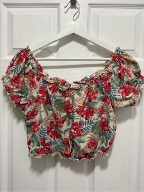 American Eagle Floral Smocked Crop Top Off Shoulder Boho Summer Tropical Size S